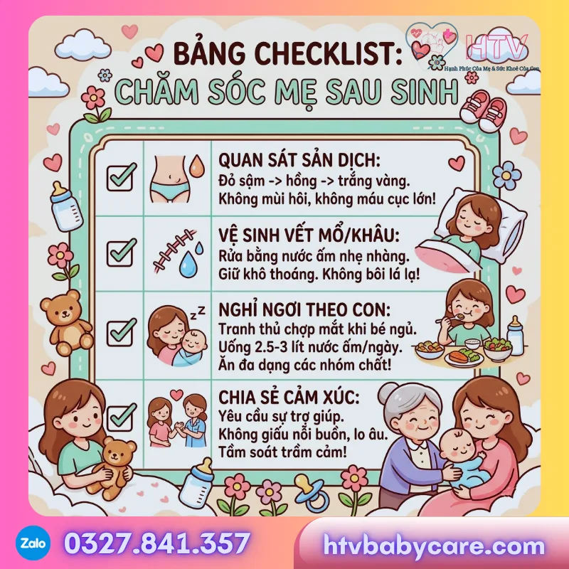 Khám phá 3 checklist chăm sóc mẹ và bé sau sinh chuẩn khoa học: phục hồi thể chất cho mẹ, chăm bé toàn diện và chuẩn bị phòng. Xem ngay cẩm nang chi tiết!