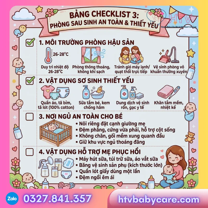 Khám phá 3 checklist chăm sóc mẹ và bé sau sinh chuẩn khoa học: phục hồi thể chất cho mẹ, chăm bé toàn diện và chuẩn bị phòng. Xem ngay cẩm nang chi tiết!